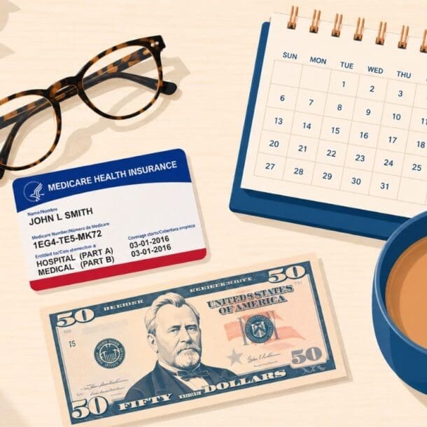 A pair of glasses, a calendar, a Medicare card, a $50 bill, and a cup of coffee sit on a desk with a plant. The text building better health appears in the lower left corner—highlighting programs like Zepbound and the GLP-1 Bridge Program that support your Medicare journey.