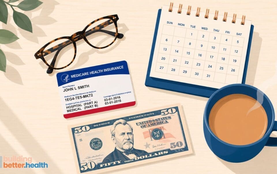 A pair of glasses, a calendar, a Medicare card, a $50 bill, and a cup of coffee sit on a desk with a plant. The text building better health appears in the lower left corner—highlighting programs like Zepbound and the GLP-1 Bridge Program that support your Medicare journey.