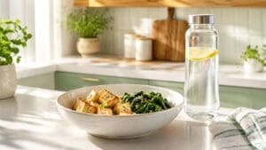 A bowl of tofu and sautéed greens sits on a sunlit kitchen counter next to a glass bottle of water with a lemon slice—a perfect snapshot of plant-based eating on Wegovy. Fresh herbs and kitchen utensils are in the background, highlighting a mindful approach to healthy living.