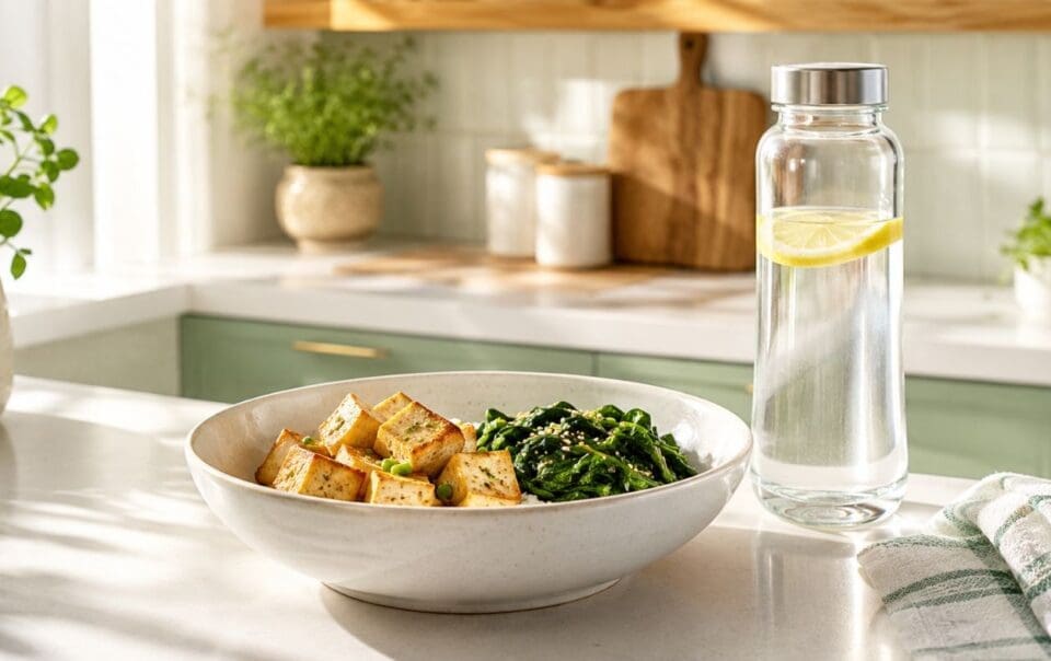 A bowl of tofu and sautéed greens sits on a sunlit kitchen counter next to a glass bottle of water with a lemon slice—a perfect snapshot of plant-based eating on Wegovy. Fresh herbs and kitchen utensils are in the background, highlighting a mindful approach to healthy living.