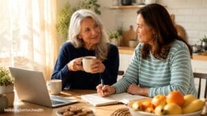 Two women sit at a kitchen table talking, sunlight filling the cozy, homey room. One holds a mug while the other writes in a notebook, discussing ways to succeed when starting after 65. A bowl of fruit and a plate of cookies rest invitingly on the table as their conversation flows.