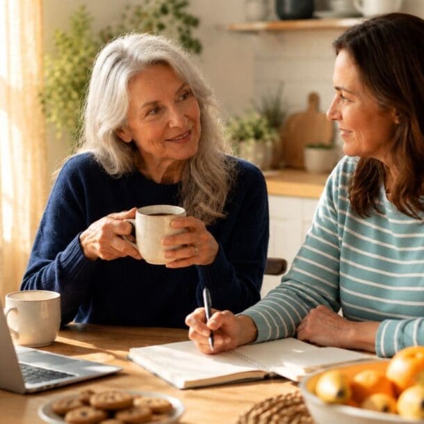Two women sit at a kitchen table talking, sunlight filling the cozy, homey room. One holds a mug while the other writes in a notebook, discussing ways to succeed when starting after 65. A bowl of fruit and a plate of cookies rest invitingly on the table as their conversation flows.