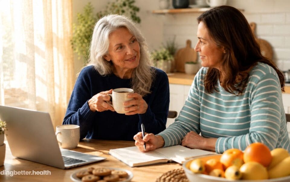 Two women sit at a kitchen table talking, sunlight filling the cozy, homey room. One holds a mug while the other writes in a notebook, discussing ways to succeed when starting after 65. A bowl of fruit and a plate of cookies rest invitingly on the table as their conversation flows.