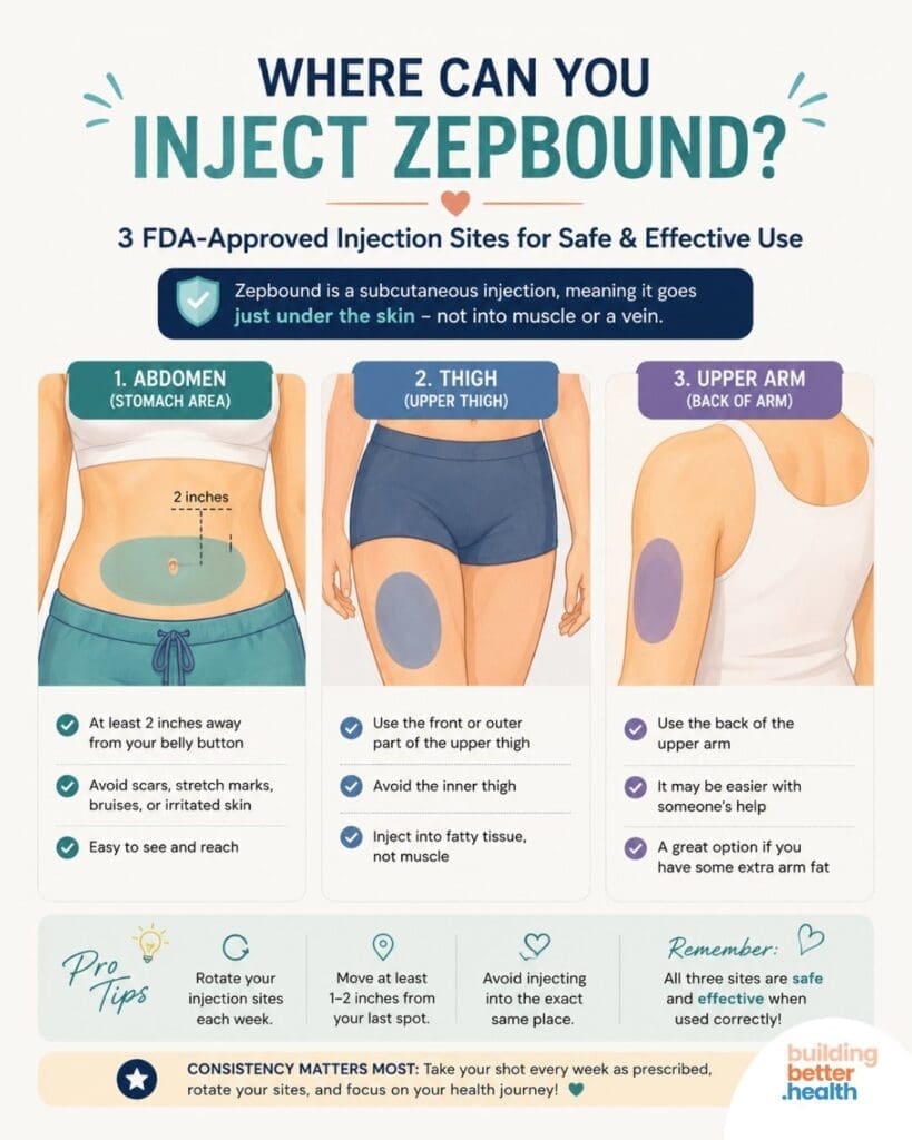 Infographic shows three FDA-approved Zepbound injection sites: abdomen, thigh, and upper arm, with tips and diagrams for safe, effective use and helpful injection advice.