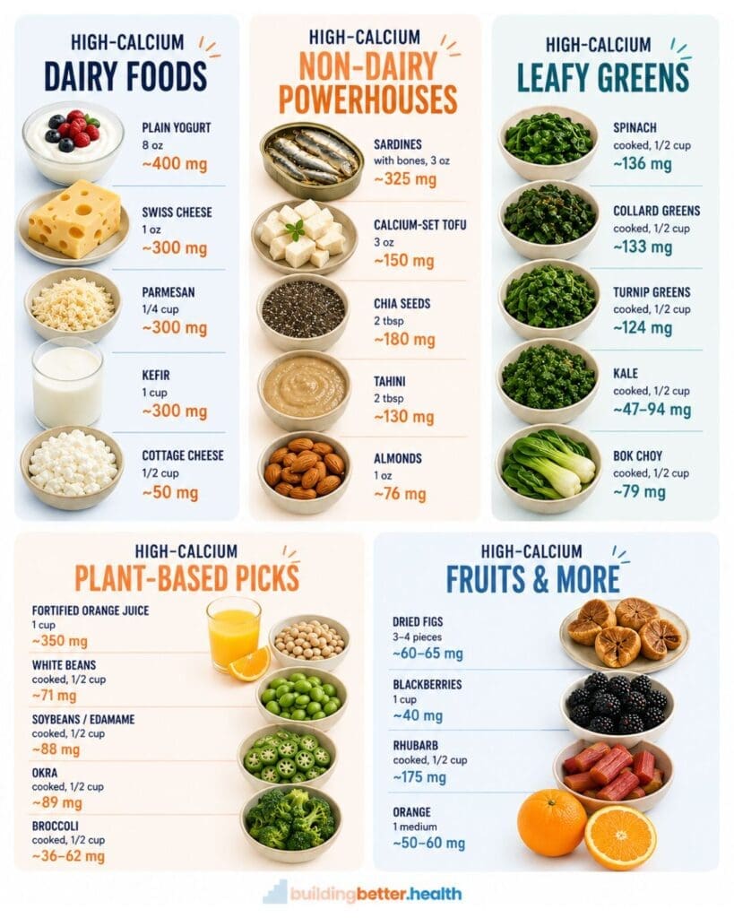 Colorful infographic showing high-calcium foods by group: Dairy, Non-Dairy Powerhouses, Leafy Greens, Plant-Based Picks, Fruits & More. Each food lists its calcium content in mg per serving size and highlights options that contribute to your daily intake of healthy fat—perfect for learning how to eat healthy fat while boosting calcium.