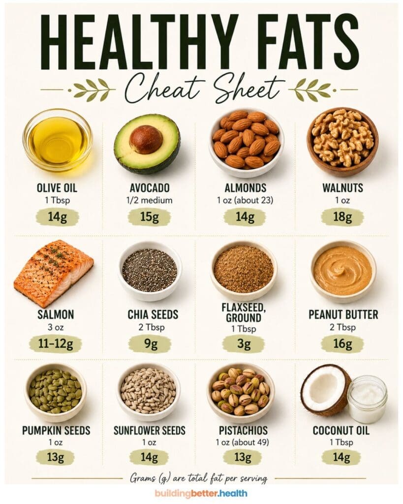 Healthy fats chart showing foods like olive oil, avocado, almonds, walnuts, salmon, chia seeds, flaxseed, peanut butter, and seeds—each with the grams of fat per day per serving displayed below the images.