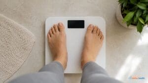 A person standing barefoot on a digital bathroom scale, with the display not showing numbers—a familiar scene for anyone experiencing a weight loss plateau, when the scale isn’t moving despite your best efforts. The floor is light-colored, and there is a green plant and a textured bath mat nearby, creating a calm and inviting atmosphere.