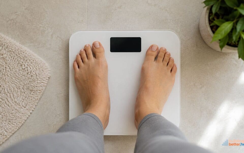 A person standing barefoot on a digital bathroom scale, with the display not showing numbers—a familiar scene for anyone experiencing a weight loss plateau, when the scale isn’t moving despite your best efforts. The floor is light-colored, and there is a green plant and a textured bath mat nearby, creating a calm and inviting atmosphere.