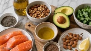 Various healthy foods, including salmon, walnuts, almonds, chia seeds, flaxseeds, olive oil, half an avocado, leafy greens, and a lemon wedge are arranged on a marble countertop and wooden board—offering perfect inspiration for how to eat healthy fats as part of your daily routine.