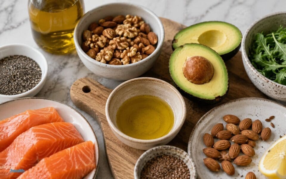 Various healthy foods, including salmon, walnuts, almonds, chia seeds, flaxseeds, olive oil, half an avocado, leafy greens, and a lemon wedge are arranged on a marble countertop and wooden board—offering perfect inspiration for how to eat healthy fats as part of your daily routine.