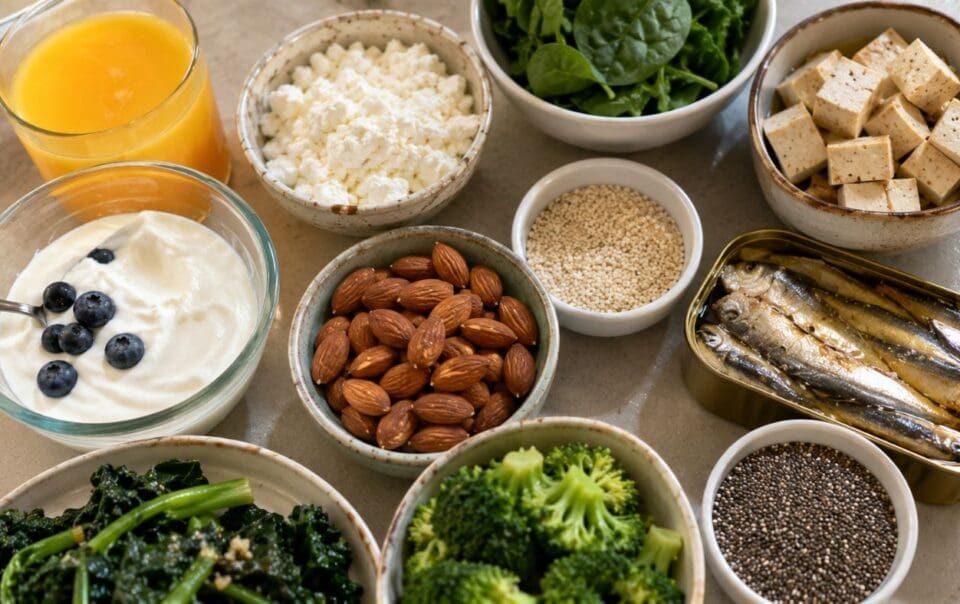 A variety of high calcium foods other than milk—including orange juice, spinach, tofu, cottage cheese, yogurt with blueberries, almonds, broccoli, sardines, kale, sesame seeds, and chia seeds—are arranged on a countertop.
