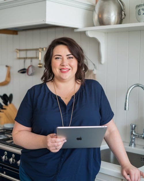 Zepbound Weight Loss Guide_Dosing_What to Eat Woman in her kitchen researching the Zepbound Weight Loss Guide and learning about the dosing schedule, what to eat on Zepbound and more.